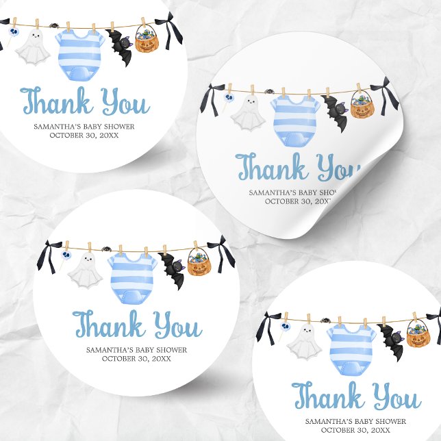 Blue Little Boo Baby Shower Classic Round Sticker (Boy Little Boo Halloween Clothesline Baby Shower Sticker)