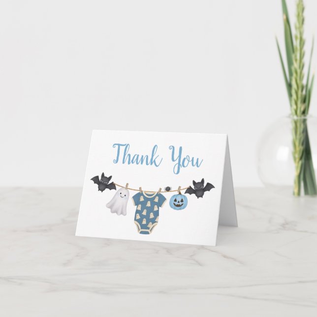 Blue Little Boo Clothesline Baby Shower Thank You Card (Front)