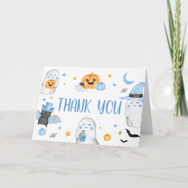 Blue Little Boo Ghost Baby Shower Thank You Card (Front)