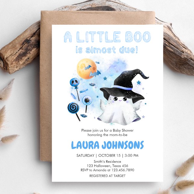Blue Little Boo Ghost Witch Baby Shower Invitation (Little Boo Baby Shower Invitation)
