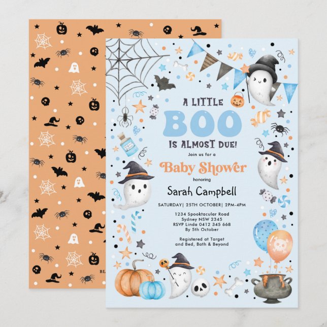 Blue Little Boo Halloween Ghost Boy Baby Shower Invitation (Front/Back)
