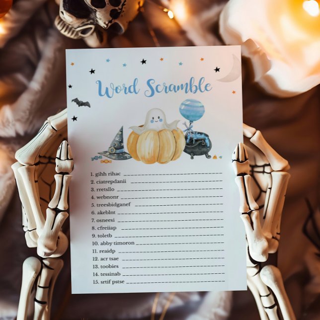 Blue Little Boo Pumpkin Word Scramble Game (Pumpkin Halloween Baby Shower Word Scramble Game)
