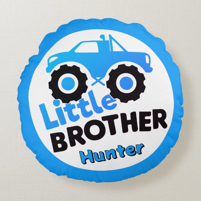 Blue Little Brother Monster Truck Custom Name Round Cushion (Front)