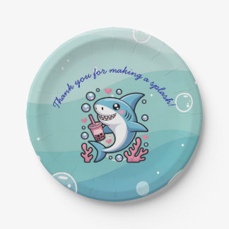Blue Little Bubbly Boba Shark Custom  Paper Plate