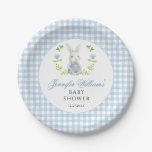 Blue Little Bunny Gingham Spring Baby Boy Shower Paper Plate