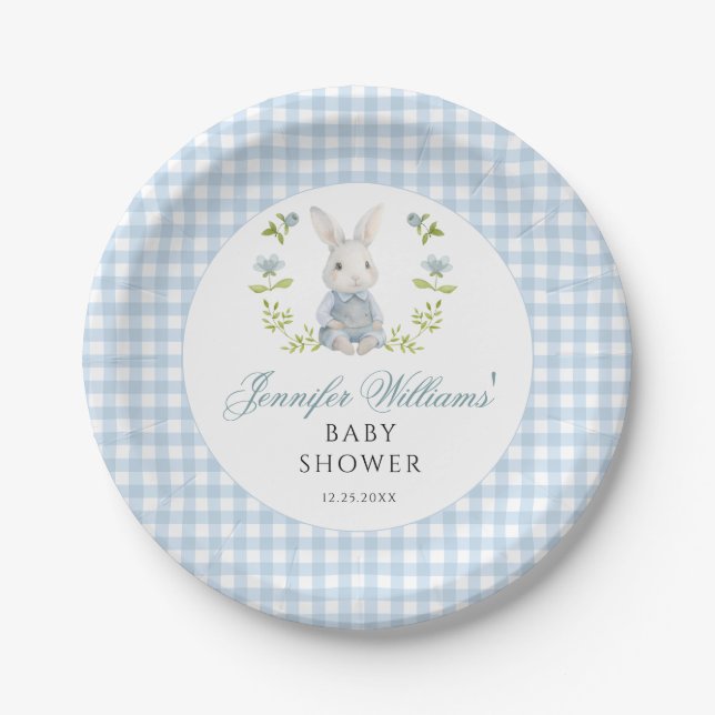 Blue Little Bunny Gingham Spring Baby Boy Shower Paper Plate (Front)