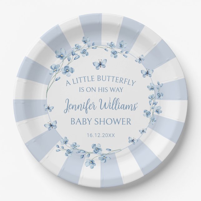 Blue little butterfly baby boy shower paper plates (Front)
