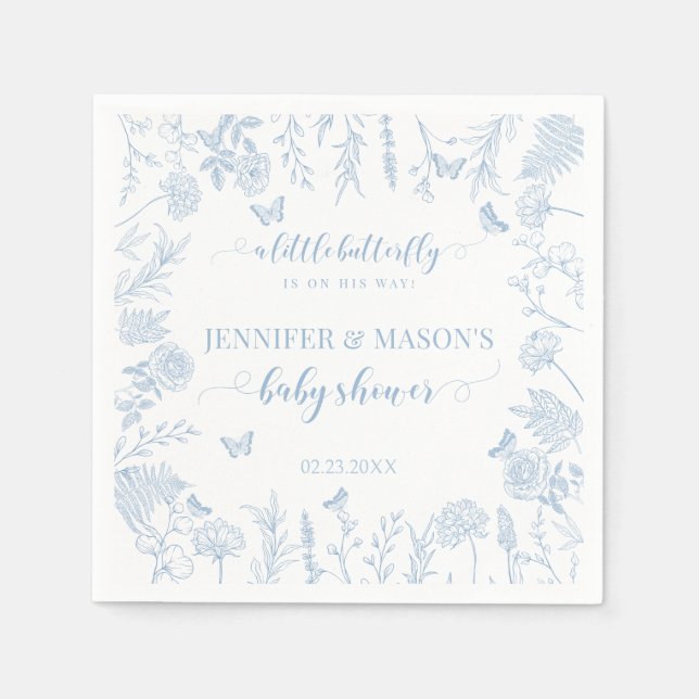 Blue little butterfly elegant baby boy shower napkin (Front)