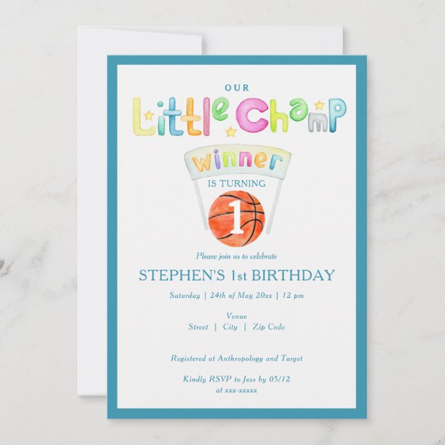Blue Little Champ Basketball Any Age Boy Birthday  Invitation (Front)