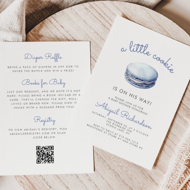 Blue Little Cookie Macaron QR Code Boy Baby Shower Invitation (Creator Uploaded)