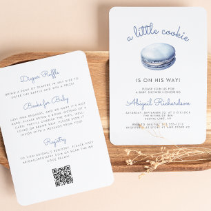 Blue Little Cookie Macaron QR Code Boy Baby Shower Invitation