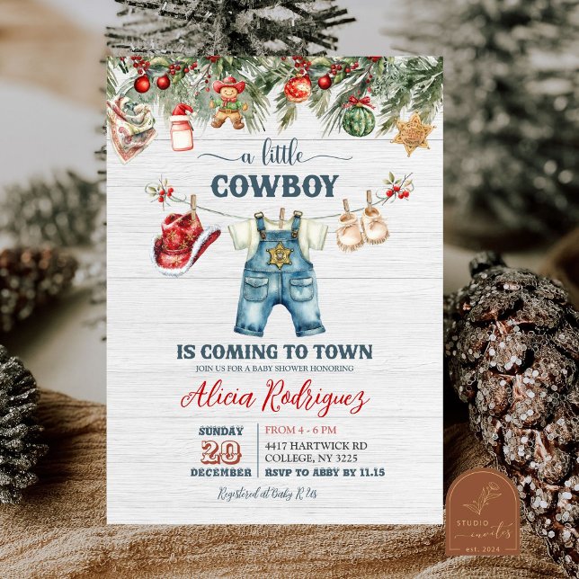 Blue Little Cowboy Western Holiday Baby Shower Invitation (Creator Uploaded)