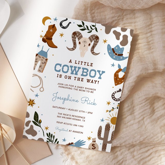 Blue Little Cowboy Western Rodeo Baby Shower Invitation (Creator Uploaded)