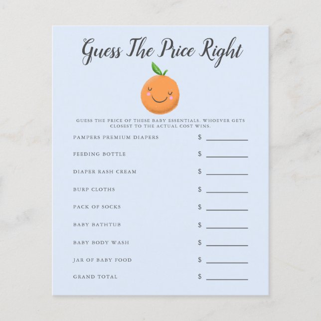 Blue Little Cutie Baby Shower Guess The Price (Front)