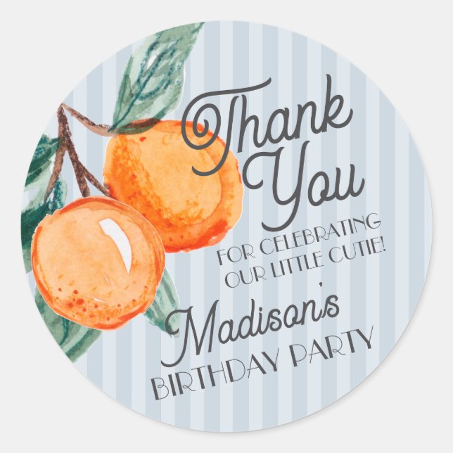 Blue Little Cutie Citrus Birthday Party Favour Classic Round Sticker (Front)