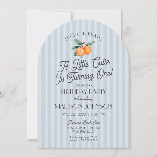 Blue Little Cutie Citrus Birthday Party Invitation (Front)