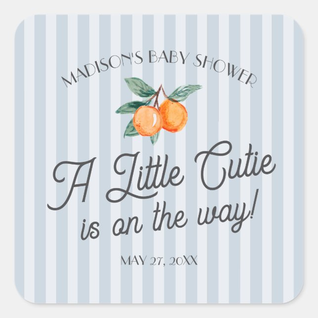 Blue Little Cutie On The Way Baby Shower Envelope Square Sticker (Front)