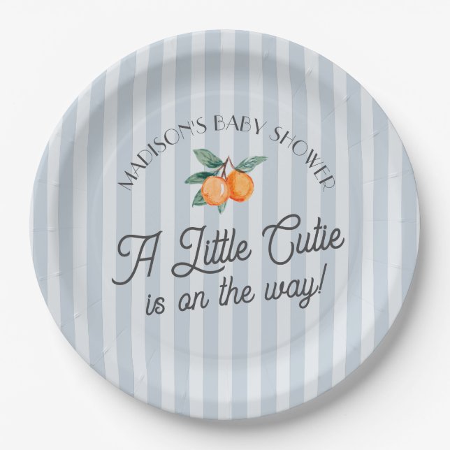 Blue Little Cutie On The Way Citrus Baby Shower Paper Plate (Front)