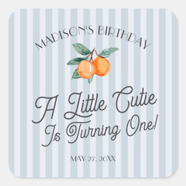 Blue Little Cutie Pastel Citrus Birthday Envelope Square Sticker (Front)