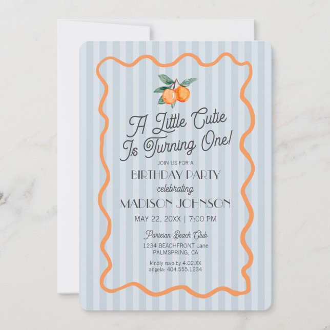 Blue Little Cutie Pastel Citrus Theme Birthday Invitation (Front)