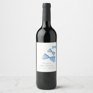 Blue Little Flying Bow Boy Baby Shower Wine Label