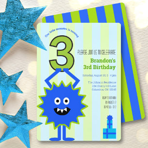  Blue Little Monster 3rd Birthday Boy Fun Cute Invitation