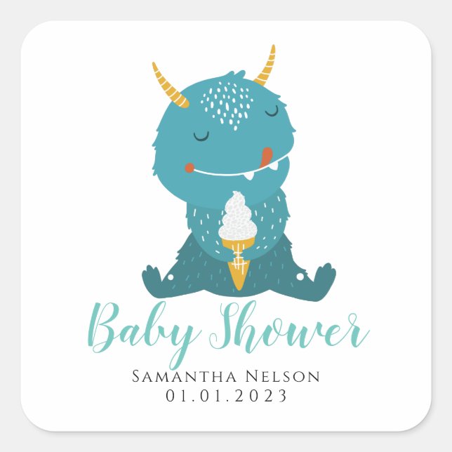 Blue Little Monster baby shower Classic Round Stic Square Sticker (Front)