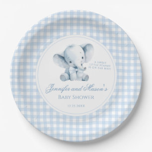 Blue Little Peanut Elephant Bow Baby Boy Shower Paper Plate