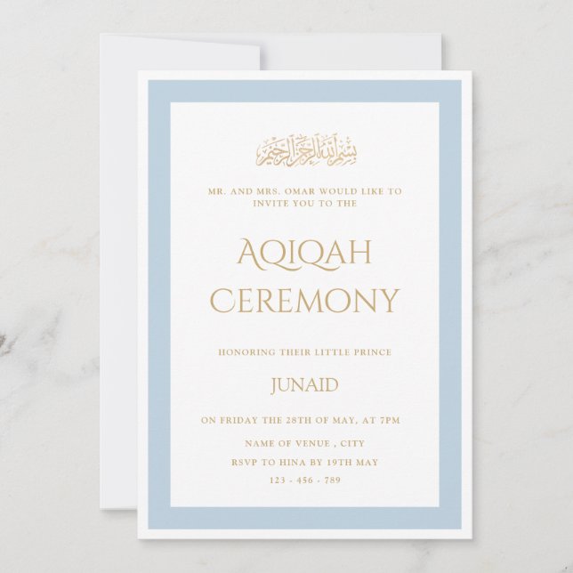 Blue Little Prince Minimal Gold Aqiqah Ceremony Invitation (Front)
