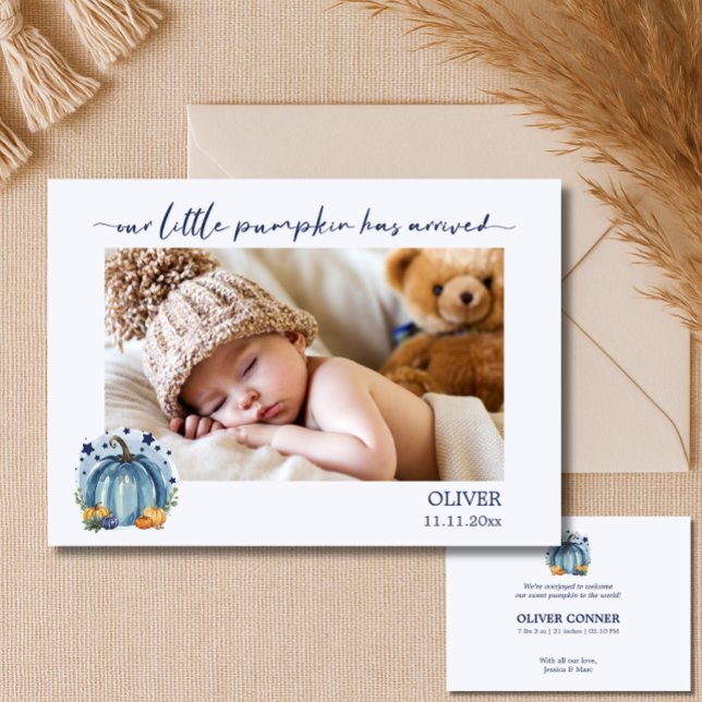 Blue Little Pumpkin Baby Boy Photo Announcement (Creator Uploaded)