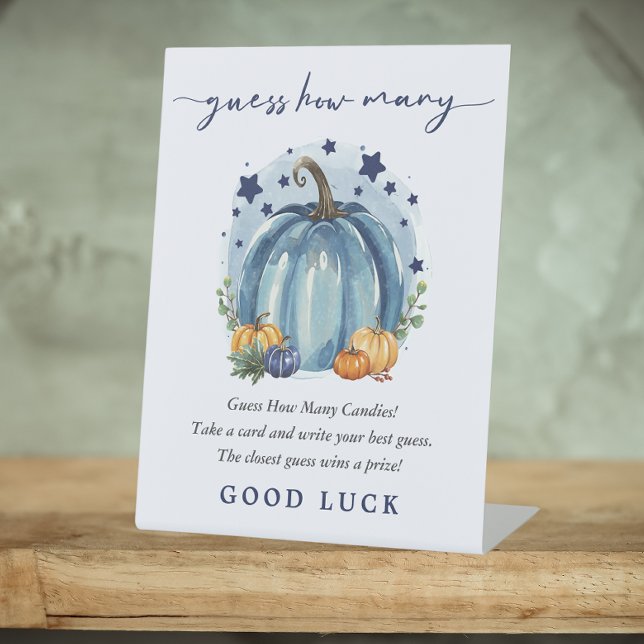 Blue Little Pumpkin Baby Boy Shower Guess How Many Pedestal Sign (Creator Uploaded)