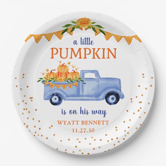 Blue Little Pumpkin Baby Shower Paper Plate (Front)
