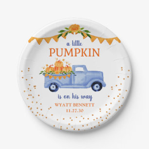 Blue Little Pumpkin Baby Shower Paper Plate