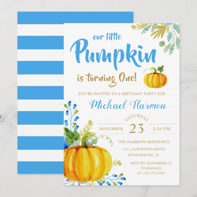 Blue Little Pumpkin Fall Boy Birthday Invitation (Front/Back)