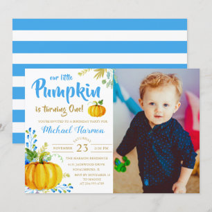 Blue Little Pumpkin Fall Boy Birthday Photo Invitation