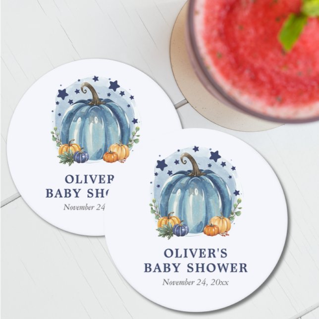 Blue Little Pumpkin Fall Custom Boy Baby Shower Round Paper Coaster (Creator Uploaded)