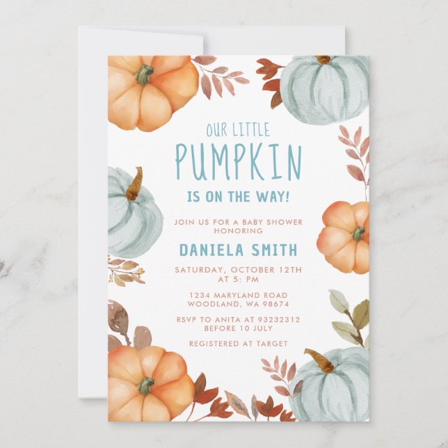 Blue Little Pumpkin Is On The Way Boy Baby Shower Invitation (Front)