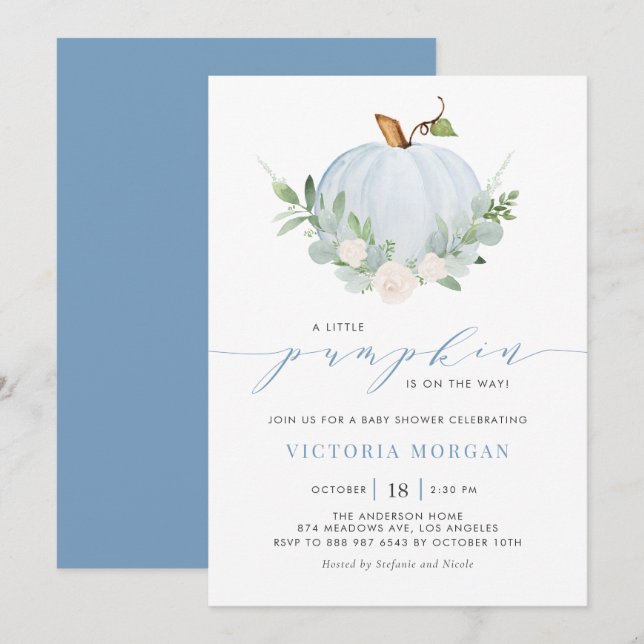 Blue Little Pumpkin It's a Boy Autumn Baby Shower Invitation (Front/Back)