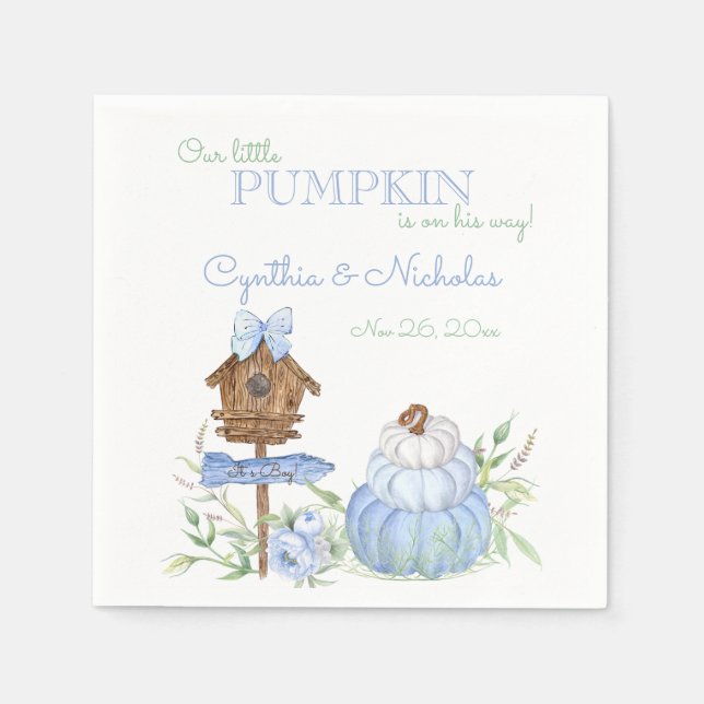 Blue Little Pumpkin Patch Boy Baby Shower Napkin (Front)