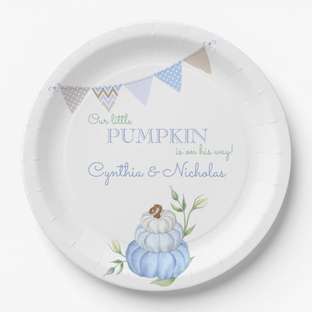 Blue Little Pumpkin Patch Boy Baby Shower Paper Plate (Front)