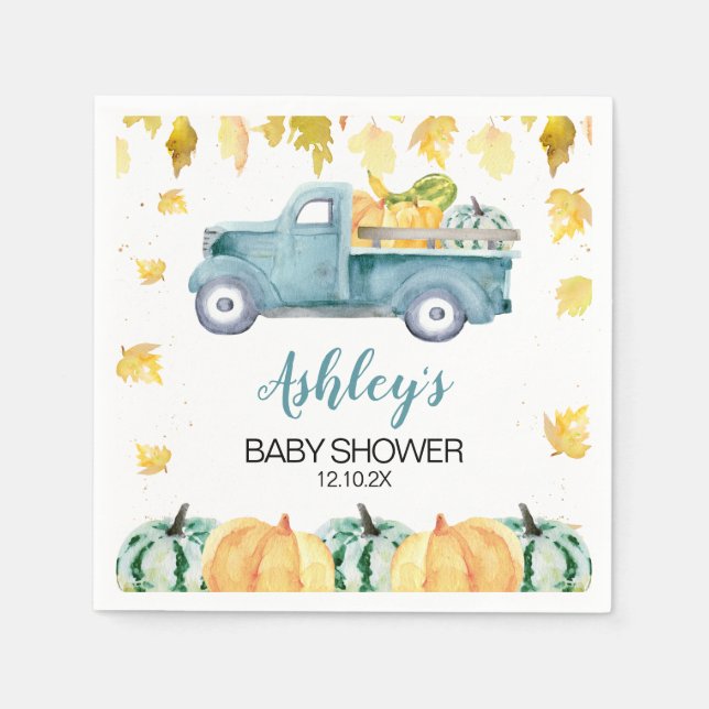 Blue Little Pumpkin Truck Baby Shower Napkin (Front)