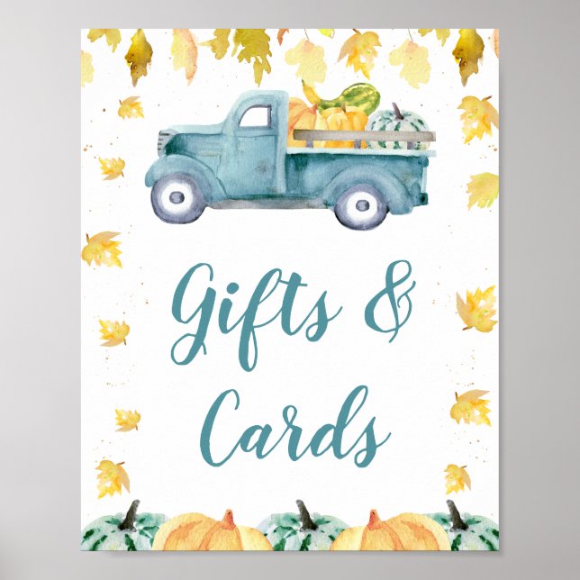 Blue Little Pumpkin Truck Baby Shower Sign (Front)