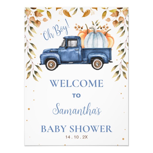 Blue Little Pumpkin Truck Baby Shower Welcome Sign (Front)