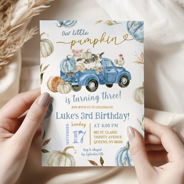 Blue Little Pumpkin Truck Farm Birthday Boy Invitation (Creator Uploaded)
