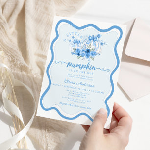 Blue Little Pumpkin Wave Frame Bow Baby Shower Invitation