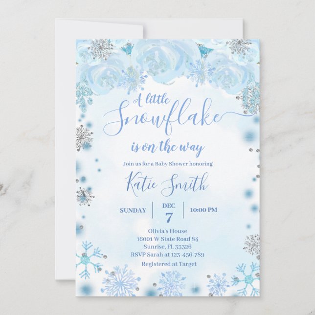 Blue Little Snowflake On The Way Baby Shower Invitation (Front)