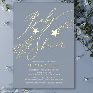 Blue Little Star Baby Shower Foil Invitation