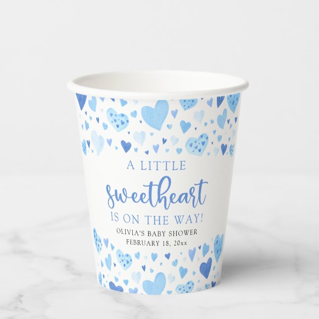 Blue Little Sweetheart Valentine's Day Baby Shower Paper Cups (Front)