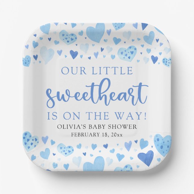 Blue Little Sweetheart Valentine's Day Baby Shower Paper Plate (Front)