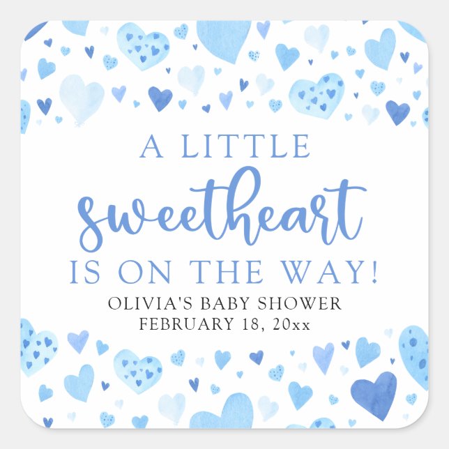 Blue Little Sweetheart Valentine's Day Baby Shower Square Sticker (Front)
